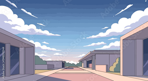 Modern architecture path flanked by buildings leading to a horizon with sky and clouds