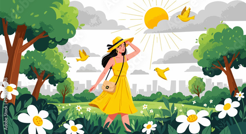 Vector illustration of woman in yellow dress walking in sunny park with flowers and trees