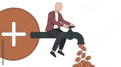 Person sitting on a money faucet, turning valve to generate income flow