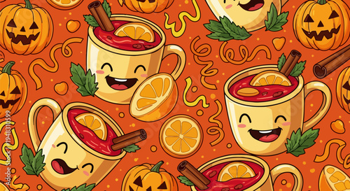 Halloween mulled wine seamless pattern vector