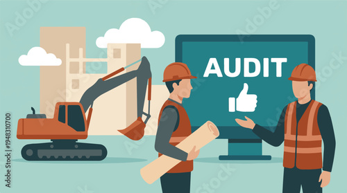 Construction site audit and safety review with workers and excavator