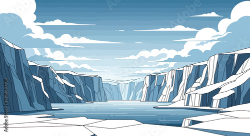 A vast, icy landscape featuring steep, snow-capped cliffs and a calm, blue body of water