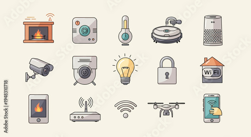 Collection of smart home devices and connectivity symbols