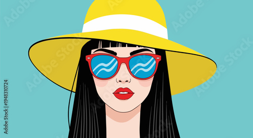 Vector illustration of woman wearing sunglasses and yellow hat