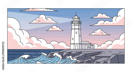 A stylized lighthouse stands on rocky shores with waves crashing under a cloudy sky