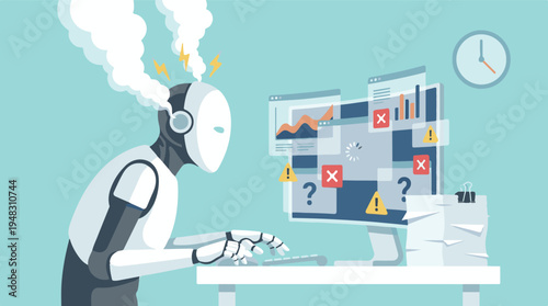 Artificial intelligence robot experiencing stress and overload from work