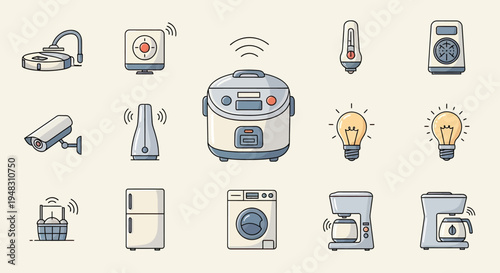 Smart home devices vacuum, speaker, cooker, thermometer, lamp, camera, bulbs, fridge, washer, coffee makers