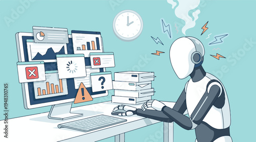 AI robot overwhelmed by computer tasks and data overload, experiencing stress