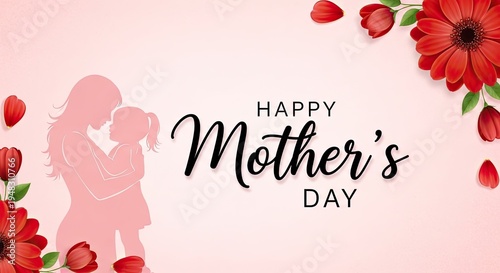 Happy mother's day wishes with beautiful flowers and silhouette of mother and child
