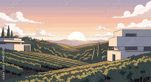 Rolling vineyards bathed in warm sunset light, with modern architecture on either side