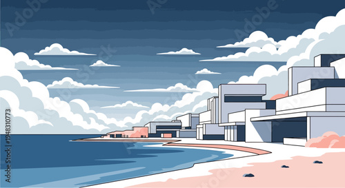 Geometric buildings on a pink and white beach meet the blue ocean under a cloudy sky