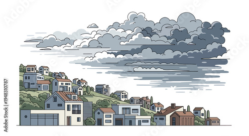 A row of houses on a hill under a cloudy sky