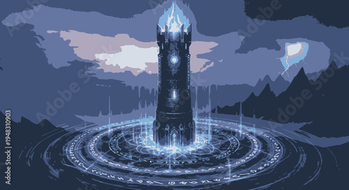 Mystical Tower in a Circular Ritualistic Landscape with Stormy Sky