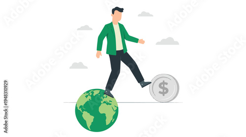 Businessman Balancing Planet Earth and Financial Stability
