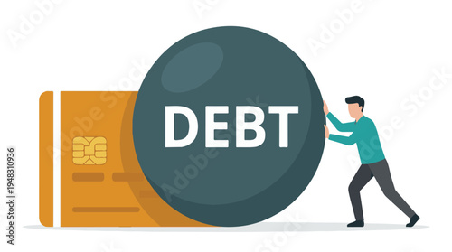 Man pushing debt against credit card, symbolizing financial struggle
