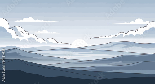 Minimalist hazy mountain range under a pale sky with scattered clouds