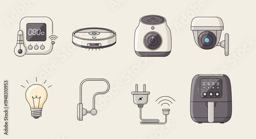 Eight smart home devices thermostat, robot vacuum, indoor camera, security camera, bulb, light, plug, air fryer