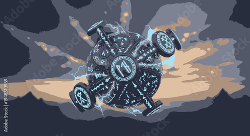 Mystical Orb with Runes and Wheels, Magical Artifact Concept