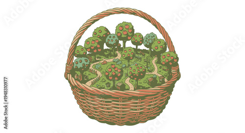 Orchard Landscape Inside Woven Basket, Miniature World