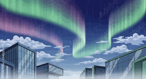 Buildings beneath vibrant aurora borealis sky