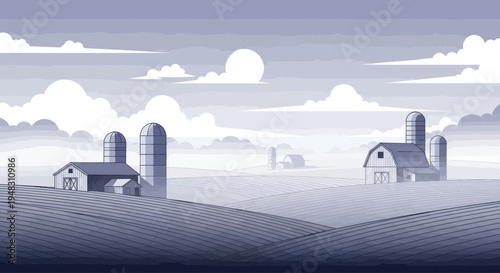 A monochromatic rural landscape with farms, silos, and rolling fields under a cloudy sky