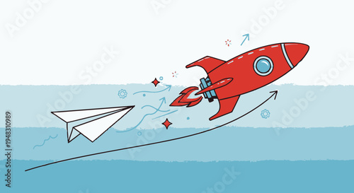 Paper Airplane Transformed into Rocket Ship, Growth and Innovation Concept