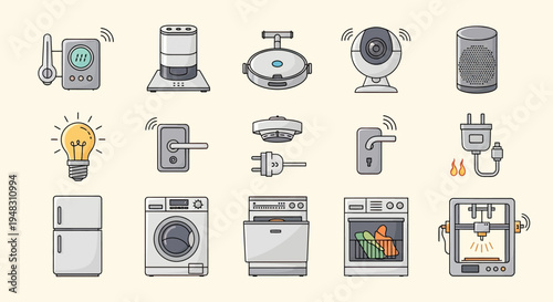 Collection of smart home devices including appliances, security, and lighting