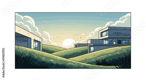 Modern houses nestled on rolling hills under a bright, cloudy sunrise