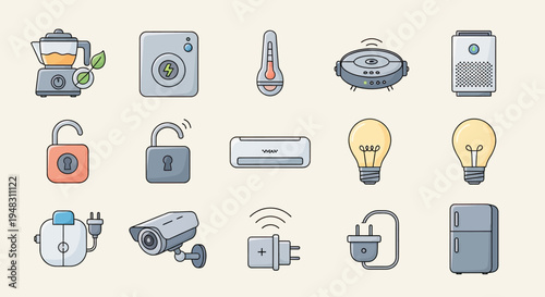 Icons depict smart home devices including a blender, power source, thermometer, robot vacuum, air purifier, locks, AC, lights, toaster, camera, plug, and fridge