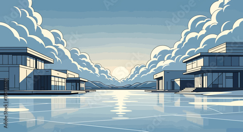 Geometric modern buildings on water reflect soft sunrise clouds