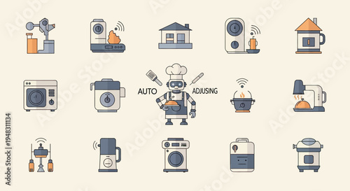 A collection of smart home appliance icons, featuring cooking and cleaning devices