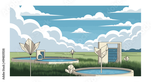 Futuristic landscape with geometric structures, pools, and abstract flora