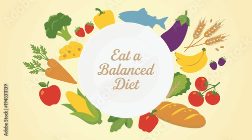 Balanced Diet concept with healthy food, fruits, vegetables, grains, fish