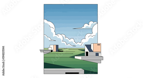 Stylized landscape with minimalist buildings under a blue sky with clouds