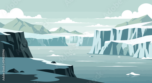 Vast icy landscape with towering glaciers, mountains, and a calm sea under a cloudy sky