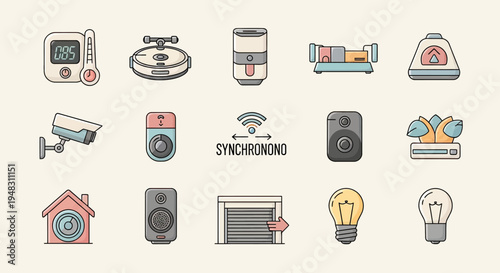 Icons representing smart home devices thermometer, cleaner, sensor, camera, speakers, and more