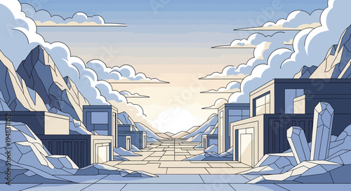 Stylized futuristic cityscape with geometric buildings, mountains, and crystals under a pale sky