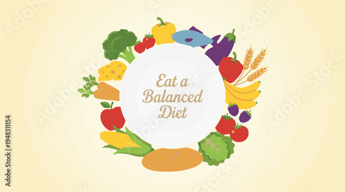 Balanced Diet Concept with Plate and Variety of Healthy Food Items