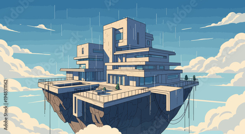 Modern geometric structures on a floating island amidst a cloudy, rainy sky