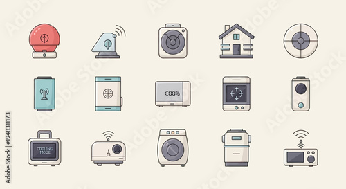 A collection of cartoon icons representing various smart home devices and technologies