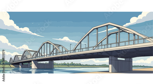 A long concrete bridge with arched supports crosses a calm blue river under a cloudy sky