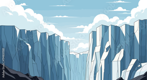 Towering, fractured ice cliffs under a vast, cloudy sky