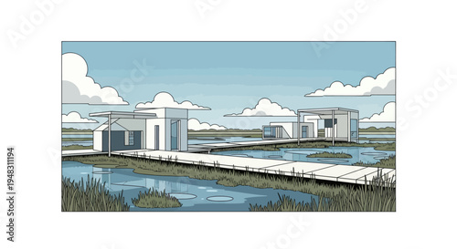 Modern cubist homes on stilts connected by boardwalks over a marsh