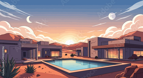Desert oasis at sunset, modern architecture with pool