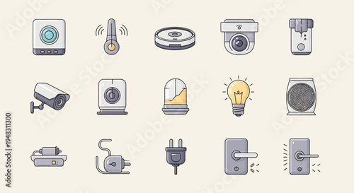 Flat icons of smart home devices cameras, sensors, appliances, and accessories