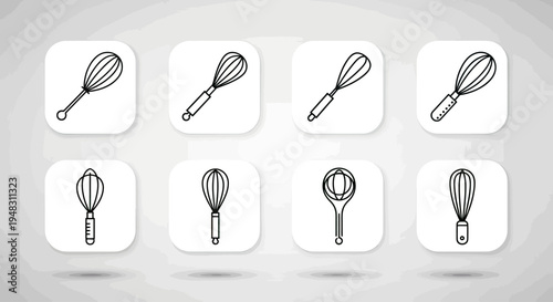 Eight simple line drawings of whisks and mixers on white rounded squares