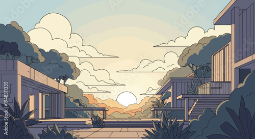 Modern architecture with lush vegetation under a soft sunset sky