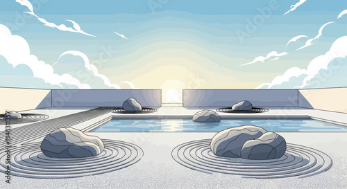 A serene zen garden with raked sand, water, rocks, and a distant sunset behind a wall
