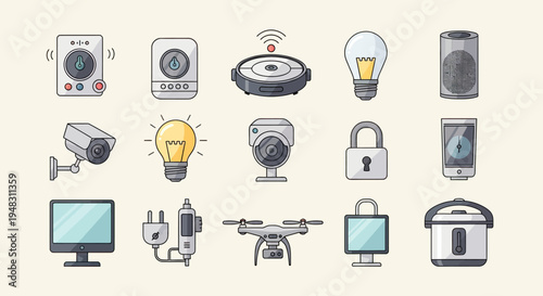 Collection of flat design icons representing smart home devices and technology (1)