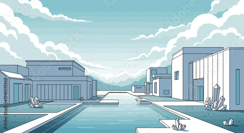 Modern minimalist cityscape with reflective pool, geometric buildings, and crystal formations
